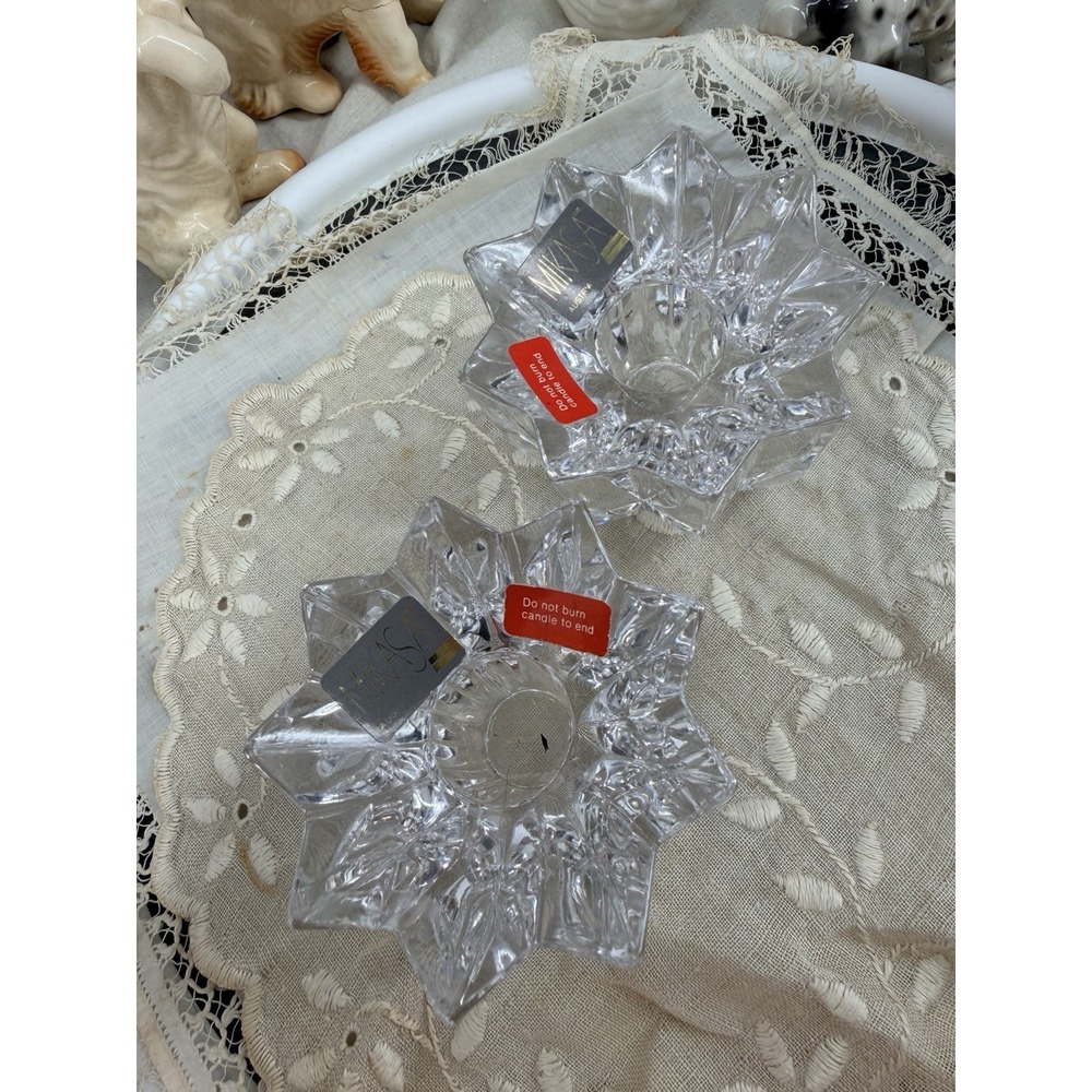 Mikasa Austria Crystal Lotus Taper Candle Holders Pair MCM Hollywood Regency New
